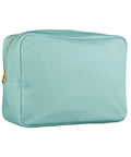 A rectangular, light turquoise zippered bag with a gold zip. The bag is plain and smooth, featuring no visible logos or patterns.