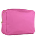 A rectangular pink zippered bag from the Bags collection, featuring a gold zip and smooth fabric, is displayed against a white background.