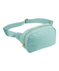 A teal fabric "Bags" bum bag features a gold zip and an adjustable matching strap, shown on a white background.