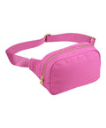 A vibrant pink "Bags" bum bag featuring a gold zip and an adjustable matching strap, displayed on a plain white background.