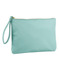 A light turquoise bag's zippered pouch with a matching wrist strap, displayed against a plain white background.