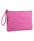 A 'Bags' pink zip-fastened pouch with a matching wrist strap is displayed against a white background.