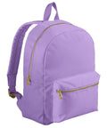 A lavender Bags rucksack with gold zips, a front pocket, and padded shoulder straps is displayed at a three-quarter angle against a plain white background.