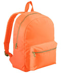 The Bags rucksack features a bright orange colour, gold zips, a front pocket, and an orange carrying handle, displayed against a white background.