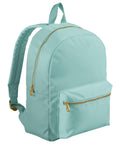 The Bags rucksack is turquoise with gold zips and a front pocket, displayed upright and slightly angled to the right against a plain white background.