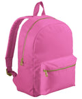 Bags: A bright pink rucksack featuring gold zips, a front zipped pocket, a top carrying handle, padded shoulder straps, and minimal detailing.