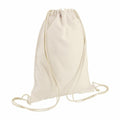 The Bagbase BG910 is a plain beige drawstring backpack made of soft fabric, featuring two thin shoulder cords.