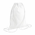 The Bagbase BG910, a white drawstring backpack featuring white cords, is displayed against a plain background.