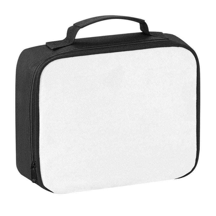 Introducing the Bagbase BG960: A stylish black lunch bag featuring a blank white front panel and a secure zippered closure, complete with a convenient carrying handle on top.