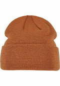 BY001 by Build Your Brand is a brown knitted beanie featuring a folded cuff, displayed against a white background.