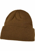 The BY001 by Build Your Brand is a brown knit beanie featuring a folded cuff, showcased against a white background.