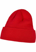 A vibrant red BY001 knit beanie from Build Your Brand, featuring a folded cuff. The soft and slightly textured fabric is displayed against a white background.