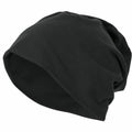 The product BY002 from Build Your Brand is a black beanie hat featuring a slouchy design and smooth fabric texture.