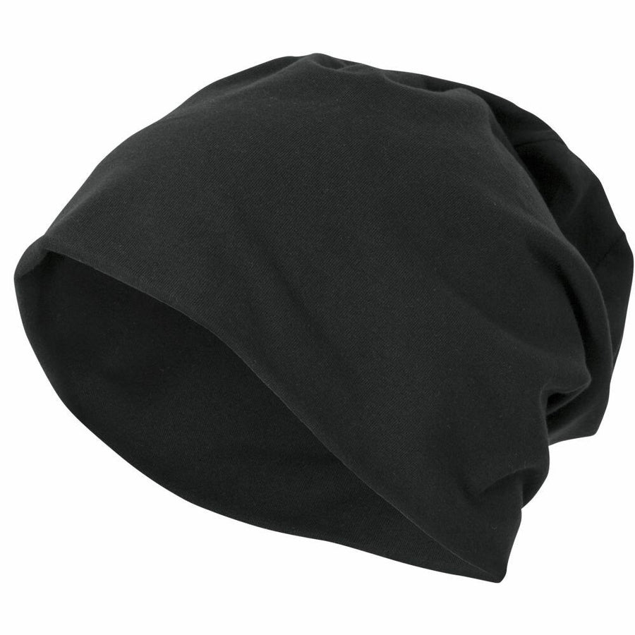 The product BY002 from Build Your Brand is a black beanie hat featuring a slouchy design and smooth fabric texture.