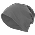 The BY002 from Build Your Brand, a gray slouch beanie hat with a relaxed fit, is showcased against a plain background. The fabric looks soft and slightly wrinkled, contributing to its casual appeal.