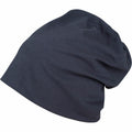 Here's a close-up of the BY002 beanie by Build Your Brand, featuring a deep blue color and crafted from soft fabric. This slouchy beanie offers a relaxed, casual fit with a slightly pointed top when laid flat. Its texture looks smooth and comfortable.