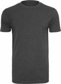 The BY004 by Build Your Brand is a plain dark gray T-shirt featuring a round neckline. It has short sleeves and showcases a seamless, simple design, displayed against a white background.