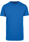 A plain blue T-shirt from Build Your Brand, product code BY004, is displayed against a white background. The shirt features a round neckline and short sleeves, with no visible logos or designs.