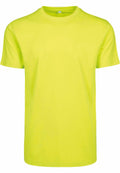 A plain, bright neon yellow t-shirt from Build Your Brand (Product Name: BY004) is displayed against a white background. The t-shirt features short sleeves and a round neckline.
