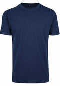 A plain navy blue T-shirt from Build Your Brand, product code BY004, featuring short sleeves and a round neckline. This T-shirt showcases a simple and classic design, laid flat for display.