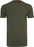 The BY004 T-shirt by Build Your Brand, featuring a plain olive green color and short sleeves, is displayed against a white background. This shirt has a round neckline and boasts a simple, classic design.