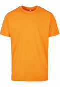 The BY004 from Build Your Brand is an orange T-shirt with short sleeves, showcased on a white background. It features a smooth fabric and a classic round neckline.