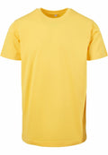 The BY004 by Build Your Brand is a plain yellow T-shirt set against a white background. It features short sleeves and a round neckline, highlighting its simple and classic design.