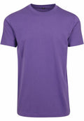 The BY004 from Build Your Brand is a plain purple T-shirt featuring short sleeves and a crew neck, displayed on a white background, with its fabric looking smooth and lightweight.