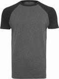 BY007 is a Build Your Brand t-shirt featuring a white background with gray fabric and black raglan sleeves.