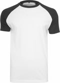 BY007 by Build Your Brand is a white and black raglan-style short-sleeve T-shirt displayed on a plain background.