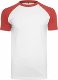 Introducing the BY007 from Build Your Brand: A casual short-sleeved, crew-neck raglan T-shirt featuring a white body complemented by dark red sleeves. Designed for simplicity and perfect for everyday wear, this T-shirt is presented on a plain white background.