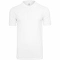 The BY008 by Build Your Brand is a classic white short-sleeve polo shirt featuring a collar and button placket, showcased against a light background.