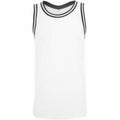 A Build Your Brand BY009 white sleeveless basketball jersey featuring black trim on the neckline and armholes.