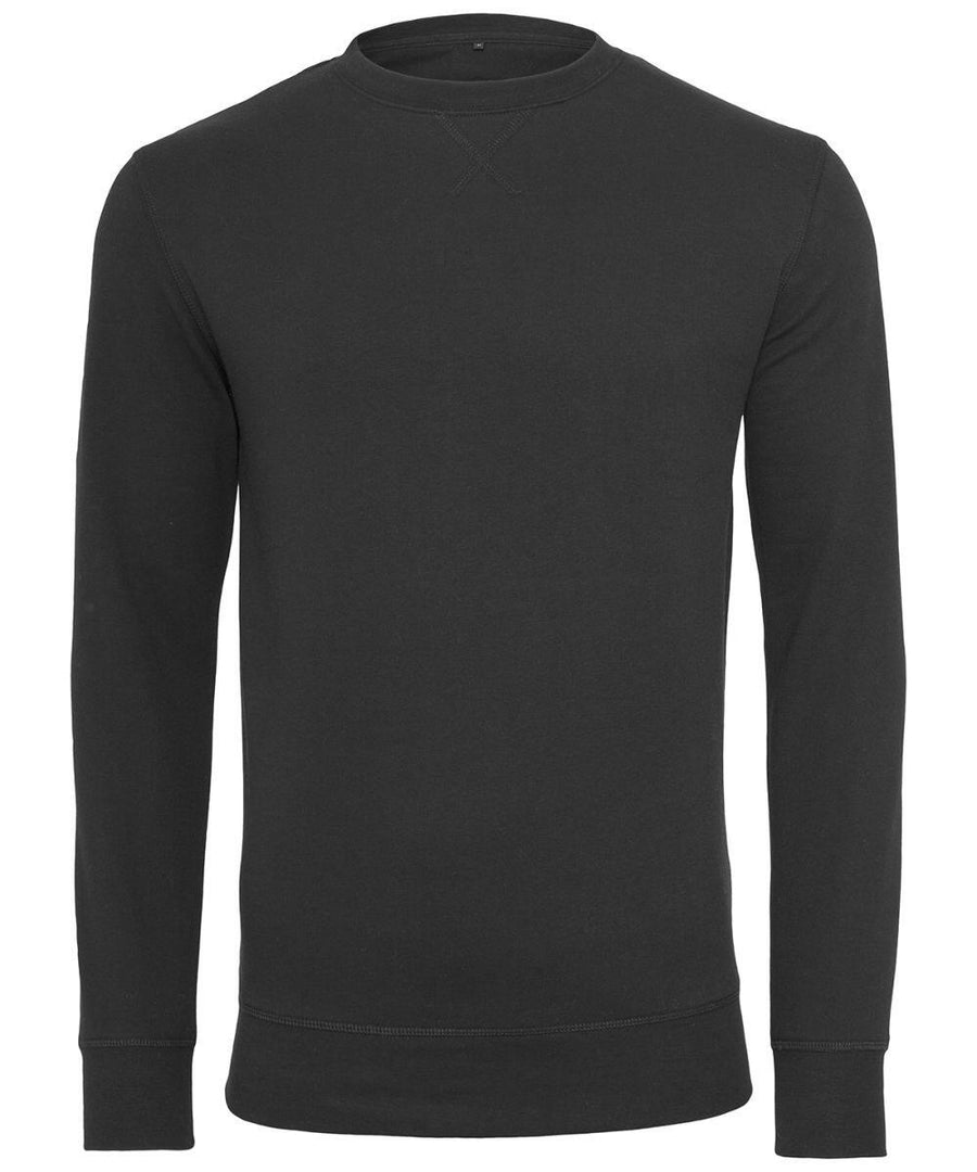 BY010 by Build Your Brand, a black long-sleeve crew neck sweatshirt displayed on a white background.