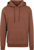 BY011 by Build Your Brand is a brown hoodie featuring a front pocket and a drawstring hood.
