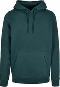 The BY011 hoodie by Build Your Brand is a plain dark green garment featuring a front pocket and a drawstring hood.