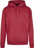 Introducing the BY011, a cozy red hooded sweatshirt by Build Your Brand. It features a drawstring hood and a convenient front kangaroo pocket, crafted with soft fabric and finished with ribbed cuffs and hem. The hoodie is showcased against a simple white background.