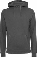 The BY011, a plain dark gray hoodie by Build Your Brand, comes with a front pocket and adjustable drawstrings. It features a classic, simple design with ribbed cuffs and hem.