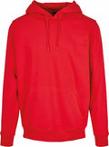 The BY011 by Build Your Brand is a vibrant red hooded sweatshirt featuring drawstrings and a front pocket, showcased against a white background.