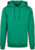 The BY011 hoodie from Build Your Brand, featuring a plain green design with a front pocket and drawstrings.