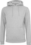 BY011 by Build Your Brand is a gray hooded sweatshirt featuring a front pocket and drawstrings.