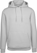 The BY011 hoodie by Build Your Brand is a simple gray design featuring a front pocket and a drawstring hood.