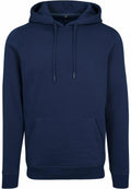 A plain navy blue hoodie with a front pocket and drawstrings from the Build Your Brand collection, model BY011, displayed against a white background without any logos or designs.