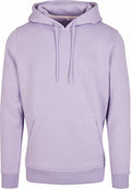 A Build Your Brand BY011 hoodie in plain lavender, featuring a front pocket and drawstring hood, set against a white background.