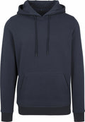 A dark gray hooded sweatshirt, the BY011 by Build Your Brand, featuring a front pocket and drawstring hood, is showcased against a plain background. This sweatshirt includes long sleeves along with ribbed cuffs and hem.