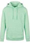 The BY011 hoodie by Build Your Brand features a mint green color with a front pocket and adjustable drawstrings, showcased against a white background.