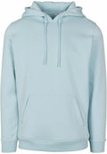Displayed against a plain background is the BY011 hoodie from Build Your Brand, featuring a light blue color with a front pocket and drawstrings. This sweatshirt has long sleeves and a relaxed fit, making it ideal for casual wear.
