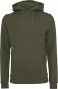 A BY011 olive green hoodie from Build Your Brand, featuring drawstrings and a front pouch pocket.