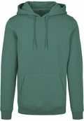 The BY011 hoodie from Build Your Brand, featuring a plain green design, comes with a front pocket and adjustable drawstrings on the hood, displayed against a white background.