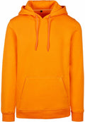 Displayed against a plain background is the BY011 hoodie by Build Your Brand, featuring a vibrant orange color. It has long sleeves with ribbed cuffs, a drawstring hood, and a front pocket. The soft-looking fabric adds to its comfortable appeal, while the ribbed waistband enhances its fit.